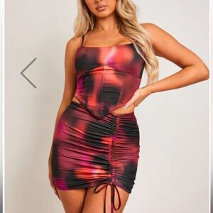 Red and Black Printed Corset Top and Skirt